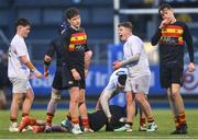 26 February 2025; Finn Kelly of Presentation College, Bray, centre, reacts during the Bank of Ireland Leinster Rugby Boys Schools Vinnie Murray Cup final match between Temple Carrig School and Presentation College, Bray at Energia Park in Dublin. Photo by Shauna Clinton/Sportsfile