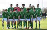 26 February 2025; The Republic of Ireland team, backrow from left, Ben Mahon, goalkeeper Darragh Brunton, Aidan Gabbidon, Richard Ferizaj and Sean Spaight, with front row from left, Joe Byrne, Jason Spelman, Tadgh Prizeman, Leighton Dempsey, David Dunne and Niall Sullivan before the U16 Boys International Friendly match between Repubic of Ireland and Finland at the FAI National Training Centre in Abbotstown, Dublin. Photo by Sam Barnes/Sportsfile