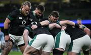 1 February 2025; The Ireland front row, from left, Finlay Bealham, Rónan Kelleher and Andrew Porter warm up before the Guinness Six Nations Rugby Championship match between Ireland and England at Aviva Stadium in Dublin. Photo by Brendan Moran/Sportsfile