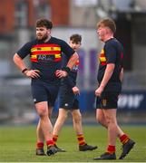 26 February 2025; Temple Carrig School players, including Joshua Burke Emery, left, during the Bank of Ireland Leinster Rugby Boys Schools Vinnie Murray Cup final match between Temple Carrig School and Presentation College, Bray at Energia Park in Dublin. Photo by Shauna Clinton/Sportsfile