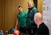 27 February 2025; Cian Healy interrupts forwards coach Paul O'Connell during an Ireland Rugby media conference at the Aviva Stadium in Dublin. Photo by Seb Daly/Sportsfile
