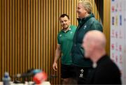 27 February 2025; Cian Healy interrupts forwards coach Paul O'Connell during an Ireland Rugby media conference at the Aviva Stadium in Dublin. Photo by Seb Daly/Sportsfile