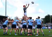 27 February 2025; Max Murphy of Belvedere College takes possession in a lineout during the Bank of Ireland Leinster Rugby Boys Schools Junior Cup second round match between St Michael's College and Belvedere College at Energia Park in Dublin. Photo by Shauna Clinton/Sportsfile