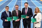 27 February 2025; In attendance during a Sport Ireland Core Grant Investment announcement for 2025 for Local Sports Partnerships, National Governing Bodies and other funded bodies are, Minister for Arts, Media, Communications, Culture and Sport, Patrick O'Donovan TD, centre left, Minister of State at the Department of Tourism, Culture, Arts, Gaeltacht, Sport and Media with special responsibility for Sport and Postal Policy, Charlie McConalogue TD, centre right, with Sport Ireland Chairperson John Foley, far left, and Sport Ireland Chief Executive Officer Dr Úna May, far right, at the National Indoor Arena on the Sport Ireland Campus, Dublin. Photo by Sam Barnes/Sportsfile