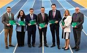 27 February 2025; In attendance during a Sport Ireland Core Grant Investment announcement for 2025 for Local Sports Partnerships, National Governing Bodies and other funded bodies are, Minister for Arts, Media, Communications, Culture and Sport, Patrick O'Donovan TD, fourth from left, Minister of State at the Department of Tourism, Culture, Arts, Gaeltacht, Sport and Media with special responsibility for Sport and Postal Policy, Charlie McConalogue TD, third from right, with from left, Sport Ireland Director of National Governing Bodies of Sport Brian Staunton, Sport Ireland Director of Participation Louise Burke, Sport Ireland Chairperson John Foley, Sport Ireland Chief Executive Officer Dr Úna May, and Sport Ireland Director for High Performance and Governing Bodies Paul McDermott at the National Indoor Arena on the Sport Ireland Campus, Dublin. Photo by Sam Barnes/Sportsfile