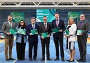 27 February 2025; In attendance during a Sport Ireland Core Grant Investment announcement for 2025 for Local Sports Partnerships, National Governing Bodies and other funded bodies are, Minister for Arts, Media, Communications, Culture and Sport, Patrick O'Donovan TD, fourth from left, Minister of State at the Department of Tourism, Culture, Arts, Gaeltacht, Sport and Media with special responsibility for Sport and Postal Policy, Charlie McConalogue TD, third from right, with from left, Sport Ireland Director of National Governing Bodies of Sport Brian Staunton, Sport Ireland Director of Participation Louise Burke, Sport Ireland Chairperson John Foley, Sport Ireland Chief Executive Officer Dr Úna May, and Sport Ireland Director for High Performance and Governing Bodies Paul McDermott at the National Indoor Arena on the Sport Ireland Campus, Dublin. Photo by Sam Barnes/Sportsfile