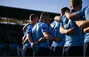 27 February 2025; St Michael's College players huddle after their side's victory in the Bank of Ireland Leinster Rugby Boys Schools Junior Cup second round match between St Michael's College and Belvedere College at Energia Park in Dublin. Photo by Shauna Clinton/Sportsfile