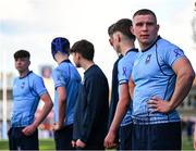 27 February 2025; St Michael's College players, including captain Herbie Boyle, right, after their side's victory in the Bank of Ireland Leinster Rugby Boys Schools Junior Cup second round match between St Michael's College and Belvedere College at Energia Park in Dublin. Photo by Shauna Clinton/Sportsfile