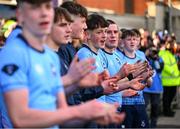 27 February 2025; St Michael's College players, including captain Herbie Boyle, right, after their side's victory in the Bank of Ireland Leinster Rugby Boys Schools Junior Cup second round match between St Michael's College and Belvedere College at Energia Park in Dublin. Photo by Shauna Clinton/Sportsfile