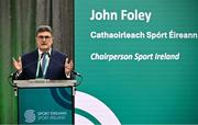 27 February 2025; Sport Ireland Chairperson John Foley addresses attendees during a Sport Ireland Core Grant Investment announcement for 2025 for Local Sports Partnerships, National Governing Bodies and other funded bodies at the National Indoor Arena on the Sport Ireland Campus, Dublin. Photo by Sam Barnes/Sportsfile