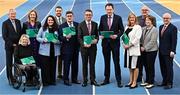 27 February 2025; In attendance during a Sport Ireland Core Grant Investment announcement for 2025 for Local Sports Partnerships, National Governing Bodies and other funded bodies are, Minister for Arts, Media, Communications, Culture and Sport, Patrick O'Donovan TD, centre left, and Minister of State at the Department of Tourism, Culture, Arts, Gaeltacht, Sport and Media with special responsibility for Sport and Postal Policy, Charlie McConalogue TD, centre right, with from left, Sport Ireland Board member Páraic Duffy, Sport Ireland Board member Deirdre Mongan, Sport Ireland Board member Liz Joyce, Sport Ireland Director of Participation Louise Burke, Sport Ireland Director of National Governing Bodies of Sport Brian Staunton, Sport Ireland Chairperson John Foley, Sport Ireland Chief Executive Officer Dr Úna May, Sport Ireland Director for High Performance and Governing Bodies Paul McDermott, Sport Ireland board member Miriam O'Callaghan and Sport Ireland Board Member Kevin Hoy, at the National Indoor Arena on the Sport Ireland Campus, Dublin. Photo by Sam Barnes/Sportsfile