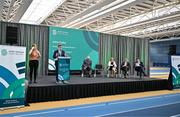 27 February 2025; Sport Ireland Chairperson John Foley addresses attendees during a Sport Ireland Core Grant Investment announcement for 2025 for Local Sports Partnerships, National Governing Bodies and other funded bodies at the National Indoor Arena on the Sport Ireland Campus, Dublin. Photo by Sam Barnes/Sportsfile