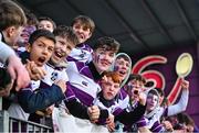 27 February 2025; Clongowes Wood College supporters react during the Bank of Ireland Leinster Rugby Boys Schools Junior Cup second round match between Clongowes Wood College and Newbridge College at Energia Park in Dublin. Photo by Shauna Clinton/Sportsfile