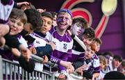27 February 2025; Clongowes Wood College supporters react during the Bank of Ireland Leinster Rugby Boys Schools Junior Cup second round match between Clongowes Wood College and Newbridge College at Energia Park in Dublin. Photo by Shauna Clinton/Sportsfile
