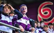27 February 2025; Clongowes Wood College supporters react during the Bank of Ireland Leinster Rugby Boys Schools Junior Cup second round match between Clongowes Wood College and Newbridge College at Energia Park in Dublin. Photo by Shauna Clinton/Sportsfile