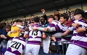 27 February 2025; Clongowes Wood College supporters celebrate with players after their side's victory in the Bank of Ireland Leinster Rugby Boys Schools Junior Cup second round match between Clongowes Wood College and Newbridge College at Energia Park in Dublin. Photo by Shauna Clinton/Sportsfile
