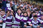 27 February 2025; Clongowes Wood College supporters react during the Bank of Ireland Leinster Rugby Boys Schools Junior Cup second round match between Clongowes Wood College and Newbridge College at Energia Park in Dublin. Photo by Shauna Clinton/Sportsfile