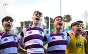 27 February 2025; Clongowes Wood College players, including Tom English, second from right, celebrate after their victory in the Bank of Ireland Leinster Rugby Boys Schools Junior Cup second round match between Clongowes Wood College and Newbridge College at Energia Park in Dublin. Photo by Shauna Clinton/Sportsfile