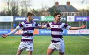 27 February 2025; Clongowes Wood College players Michael McCormick, left, and Tom English celebrate after their victory in the Bank of Ireland Leinster Rugby Boys Schools Junior Cup second round match between Clongowes Wood College and Newbridge College at Energia Park in Dublin. Photo by Shauna Clinton/Sportsfile