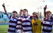 27 February 2025; Clongowes Wood College players, including Tom English, centre, celebrate after their victory in the Bank of Ireland Leinster Rugby Boys Schools Junior Cup second round match between Clongowes Wood College and Newbridge College at Energia Park in Dublin. Photo by Shauna Clinton/Sportsfile