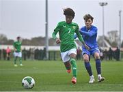26 February 2025; David Dunne of Republic of Ireland in action against Aaron Korkala of Finland during the U16 Boys International Friendly match between Repubic of Ireland and Finland at the FAI National Training Centre in Abbotstown, Dublin. Photo by Sam Barnes/Sportsfile
