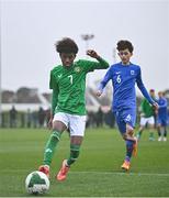 26 February 2025; David Dunne of Republic of Ireland in action against Chris Malinen of Finland during the U16 Boys International Friendly match between Repubic of Ireland and Finland at the FAI National Training Centre in Abbotstown, Dublin. Photo by Sam Barnes/Sportsfile