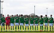 26 February 2025; The Republic of Ireland team, from left, Sean Spaight, goalkeeper Darragh Brunton, Joe Byrne, Ben Mahon, Aidan Gabbidon, Jason Spelman, Leighton Dempsey, Tadgh Prizeman, David Dunne, Niall Sullivan and Richard Ferizaj during the U16 Boys International Friendly match between Repubic of Ireland and Finland at the FAI National Training Centre in Abbotstown, Dublin. Photo by Sam Barnes/Sportsfile