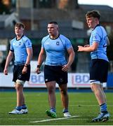 27 February 2025; St Michael's College players, including captain Herbie Boyle, centre, during the Bank of Ireland Leinster Rugby Boys Schools Junior Cup second round match between St Michael's College and Belvedere College at Energia Park in Dublin. Photo by Shauna Clinton/Sportsfile