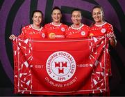 27 February 2025; Shelbourne players, from left, Noelle Murray, Jemma Quinn, Pearl Slattery, and Rachel Graham during a Shelbourne squad portraits session at Tolka Park in Dublin. Photo by Seb Daly/Sportsfile