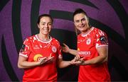 27 February 2025; Noelle Murray, left, and Jemma Quinn during a Shelbourne squad portraits session at Tolka Park in Dublin. Photo by Seb Daly/Sportsfile
