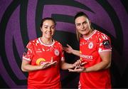 27 February 2025; Noelle Murray, left, and Jemma Quinn during a Shelbourne squad portraits session at Tolka Park in Dublin. Photo by Seb Daly/Sportsfile