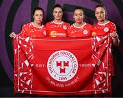 27 February 2025; Shelbourne players, from left, Noelle Murray, Jemma Quinn, Pearl Slattery, and Rachel Graham during a Shelbourne squad portraits session at Tolka Park in Dublin. Photo by Seb Daly/Sportsfile
