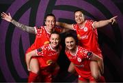 27 February 2025; Shelbourne players, from left, Pearl Slattery, Rachel Graham, Jemma Quinn, and Noelle Murray during a Shelbourne squad portraits session at Tolka Park in Dublin. Photo by Seb Daly/Sportsfile