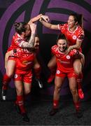 27 February 2025; Shelbourne players, from left, Pearl Slattery, Rachel Graham, Jemma Quinn, and Noelle Murray during a Shelbourne squad portraits session at Tolka Park in Dublin. Photo by Seb Daly/Sportsfile