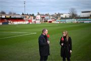 28 February 2025; Virgin Media Sport's Vinny Perth and Ann-Marie Keegan before the SSE Airtricity Men's Premier Division match between Shelbourne and Shamrock Rovers at Tolka Park in Dublin. Photo by Stephen McCarthy/Sportsfile