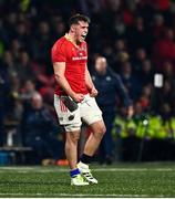 28 February 2025; Brian Gleeson of Munster celebrates a turnover in possession during the United Rugby Championship match between Munster and Edinburgh at Virgin Media Park in Cork. Photo by Tyler Miller/Sportsfile