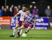 28 February 2025; Darragh Markey of Drogheda United in action against Jimmy Keohane of Galway United during the SSE Airtricity Men's Premier Division match between Drogheda United and Galway United at Sullivan & Lambe Park in Drogheda, Louth. Photo by Thomas Flinkow/Sportsfile