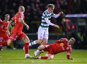 28 February 2025; Michael Noonan of Shamrock Rovers is tackled by Sean Gannon of Shelbourne during the SSE Airtricity Men's Premier Division match between Shelbourne and Shamrock Rovers at Tolka Park in Dublin. Photo by Stephen McCarthy/Sportsfile
