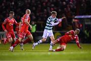 28 February 2025; Michael Noonan of Shamrock Rovers is tackled by Sean Gannon of Shelbourne during the SSE Airtricity Men's Premier Division match between Shelbourne and Shamrock Rovers at Tolka Park in Dublin. Photo by Stephen McCarthy/Sportsfile