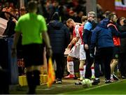 28 February 2025; Ryan McLaughlin of St Patrick's Athletic is substituted due to injury during the SSE Airtricity Men's Premier Division match between St Patrick's Athletic and Sligo Rovers at Richmond Park in Dublin. Photo by Piaras Ó Mídheach/Sportsfile