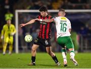 28 February 2025; James Clarke of Bohemians in action against Sean Murray of Cork City during the SSE Airtricity Men's Premier Division match between Cork City and Bohemians at Turner's Cross in Cork. Photo by Michael P Ryan/Sportsfile