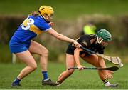 1 March 2025; Michelle Teehan of Kilkenny is tackled by Eimear Heffernan of Tipperary during the Very National Camogie League Division 1A match between between Tipperary and Kilkenny at The Ragg GAA Grounds in Tipperary. Photo by Tom Beary/Sportsfile
