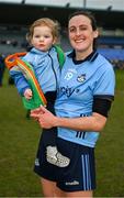 1 March 2025; Hannah Tyrrell of Dublin with her one and a half year old daughter Aoife Tyrrell Turnbull after the Lidl Ladies National Football League Division 1 match between Dublin and Meath at Parnell Park in Dublin. Photo by Ray McManus/Sportsfile