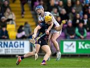 1 March 2025; Damien Reck of Wexford in action against Anthony Burns of Galway during the Allianz Hurling League Division 1A match between Wexford and Galway at Chadwicks Wexford Park in Wexford. Photo by Stephen Marken/Sportsfile