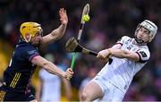 1 March 2025; Declan McLoughlin of Galway has his shot blocked by Damien Reck of Wexford during the Allianz Hurling League Division 1A match between Wexford and Galway at Chadwicks Wexford Park in Wexford. Photo by Stephen Marken/Sportsfile