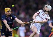 1 March 2025; Declan McLoughlin of Galway in action against Damien Reck of Wexford during the Allianz Hurling League Division 1A match between Wexford and Galway at Chadwicks Wexford Park in Wexford. Photo by Stephen Marken/Sportsfile