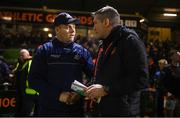 1 March 2025; Dublin manager Dessie Farrell, left, and Armagh manager Kieran McGeeney shake hands after the Allianz Football League Division 1 match between Armagh and Dublin at the BOX-IT Athletic Grounds in Armagh. Photo by Ben McShane/Sportsfile