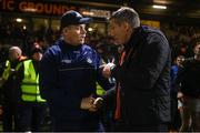 1 March 2025; Dublin manager Dessie Farrell, left, and Armagh manager Kieran McGeeney shake hands after the Allianz Football League Division 1 match between Armagh and Dublin at the BOX-IT Athletic Grounds in Armagh. Photo by Ben McShane/Sportsfile