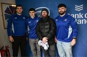 1 March 2025; Leinster players James Culhane, Cormac Foley and Michael Milne with supporters in Autograph Alley before the United Rugby Championship match between Leinster and Cardiff Rugby at the Aviva Stadium in Dublin. Photo by Seb Daly/Sportsfile