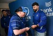 1 March 2025; Leinster players James Culhane, Cormac Foley and Michael Milne with supporters in Autograph Alley before the United Rugby Championship match between Leinster and Cardiff Rugby at the Aviva Stadium in Dublin. Photo by Seb Daly/Sportsfile